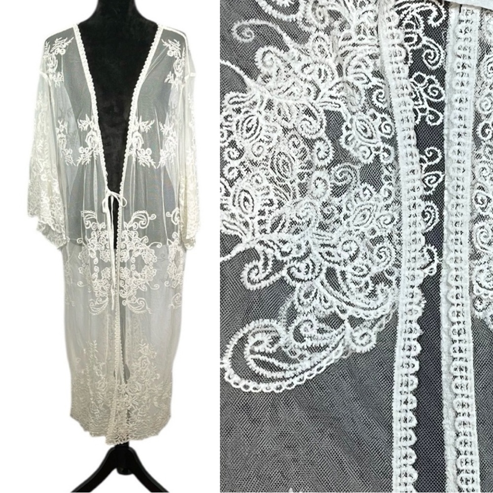 White Lace Robe Mesh Sheer Tie Front Floral Y2K Fairy Baby Doll Bathrobe Duster